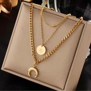 Gold Plated Stainless Steel Moon 1pc Multi Layered Necklace